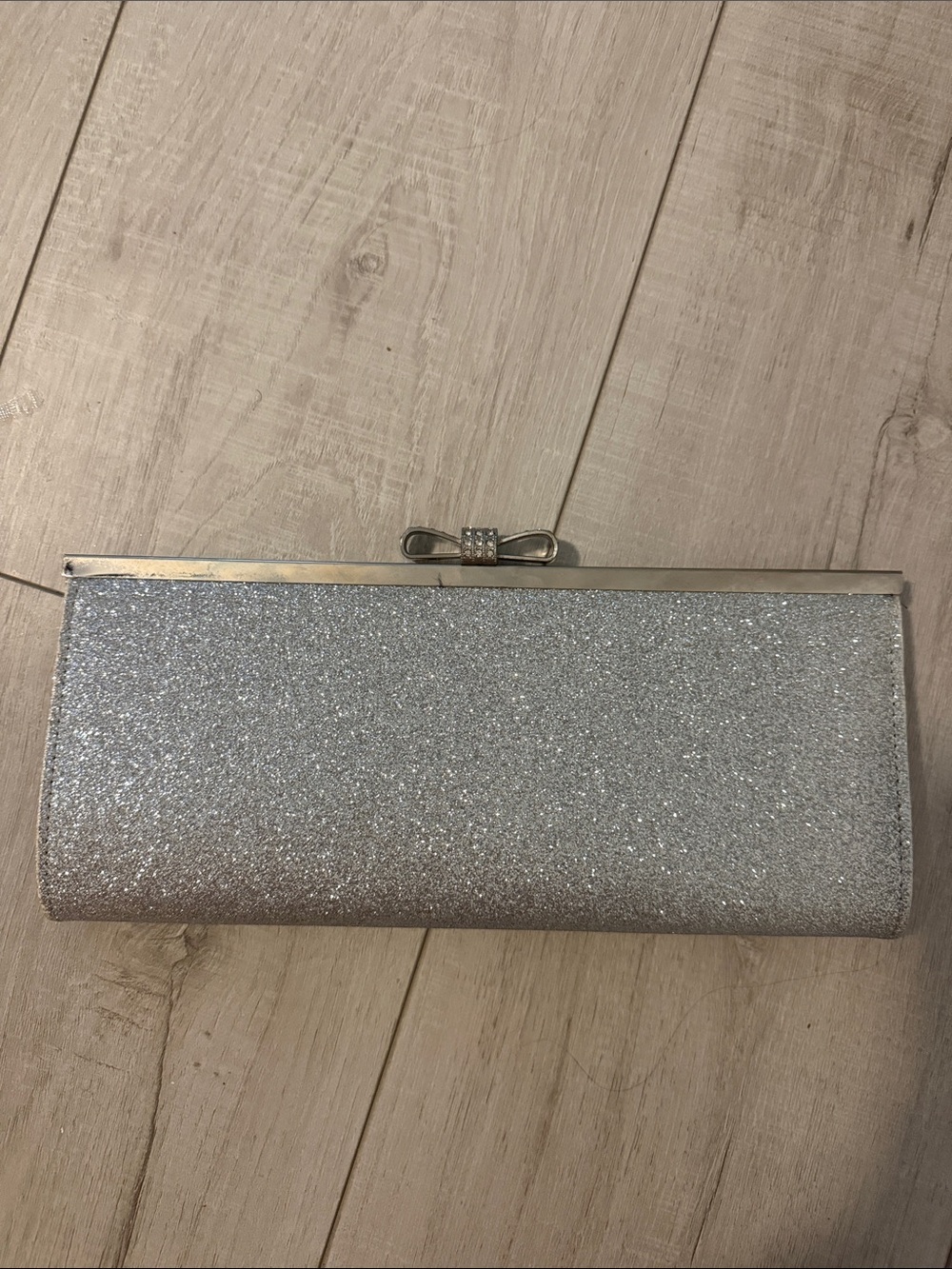 INC Silver Glitter Bow Clasp Evening Clutch